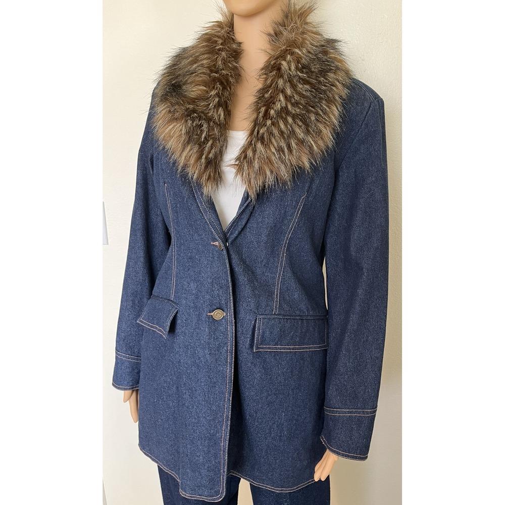Vintage 80s Terry Lewis Denim Faux Trim Button Up Womens Blazer Jacket Size S